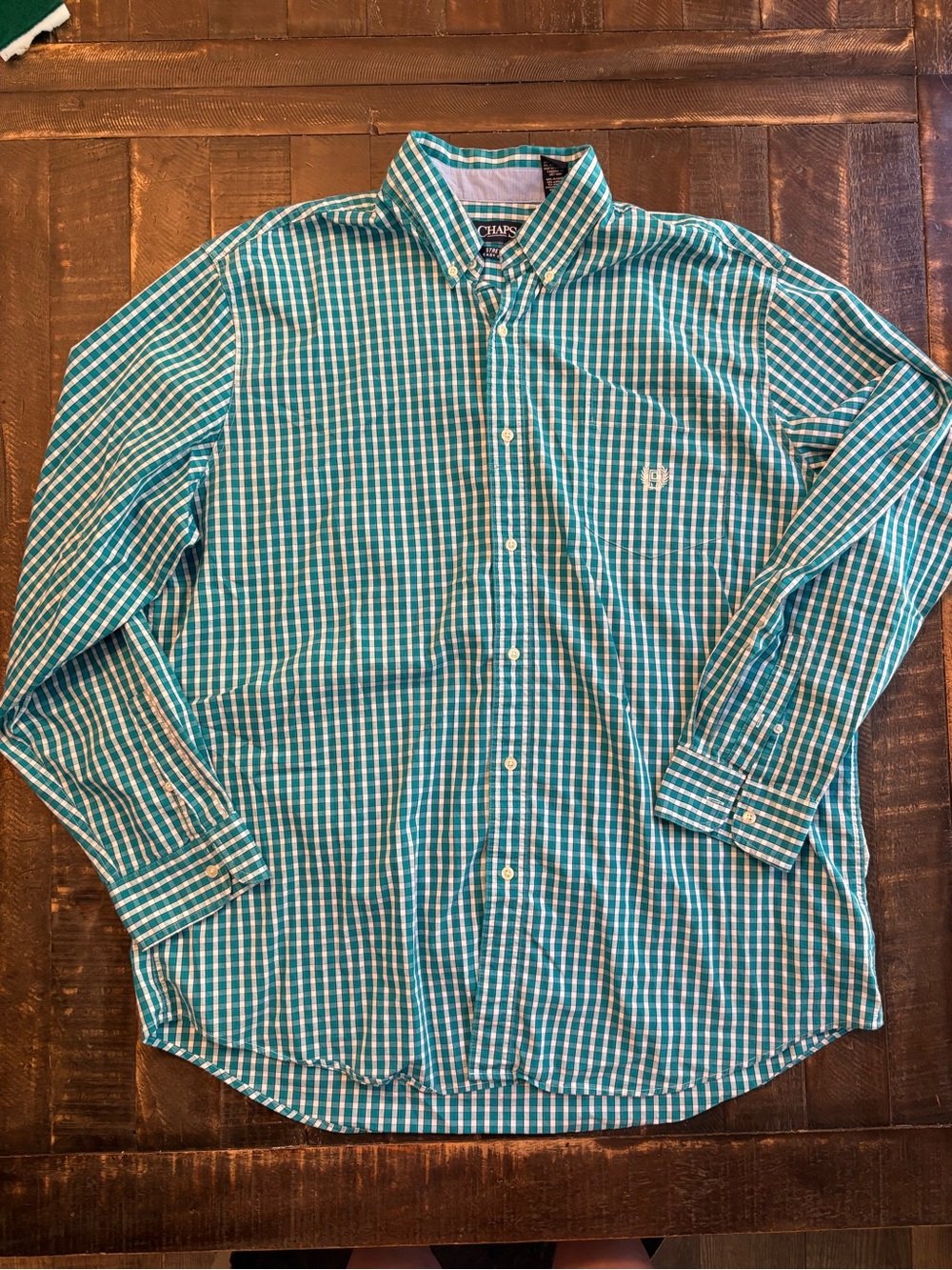Chaps Men's Preppy Teal & White Plaid Button-Down Shirt Lightweight Tall Length